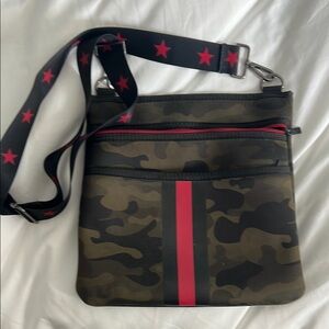 Camouflage Crossbody Bag with Red Accents